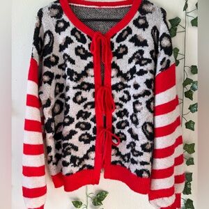 Red + Tan Striped Leopard Sweater